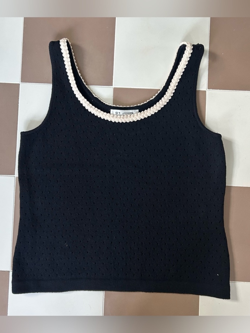 St. John Black Knit Tank Top w/ Cream Trim Sleeveless Luxury Classic Size S/M